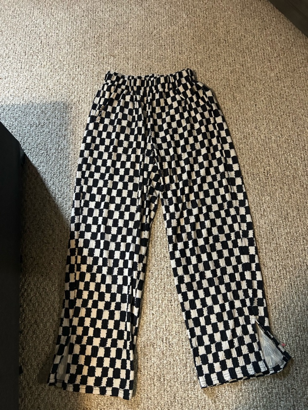 Black and Cream Checkerboard Wide-Leg Pants